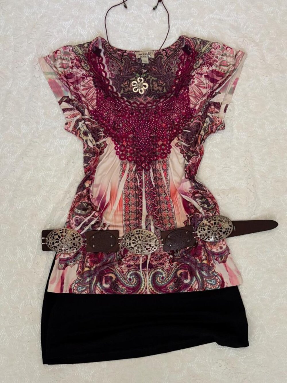 Y2K Fairy Core Pink Print Scoop Top With Jewel Details One World Size Small
